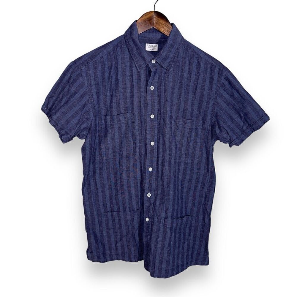 Hamilton Shirts Navy Striped S/S Cotton & Cashmere Guayabera Shirt M